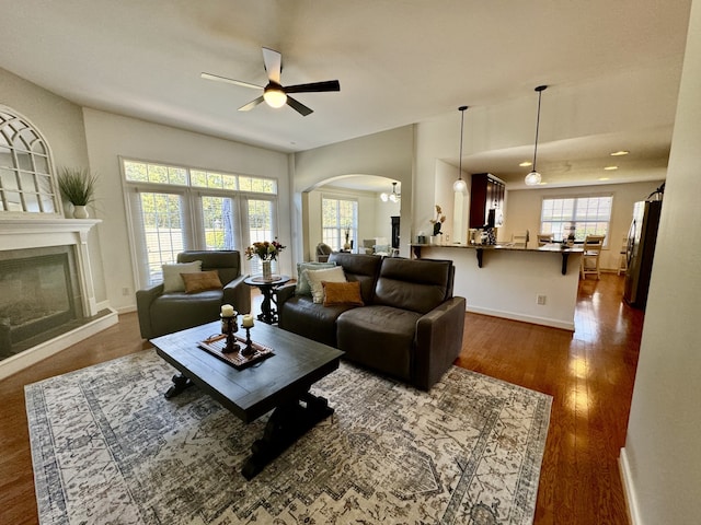 living room featuring dark hardwood / wood-style flooring and ceiling fan