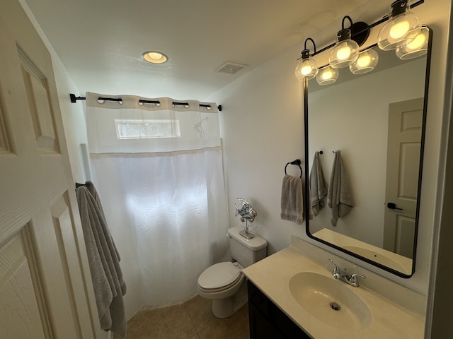 bathroom with vanity, a shower with shower curtain, tile patterned flooring, and toilet