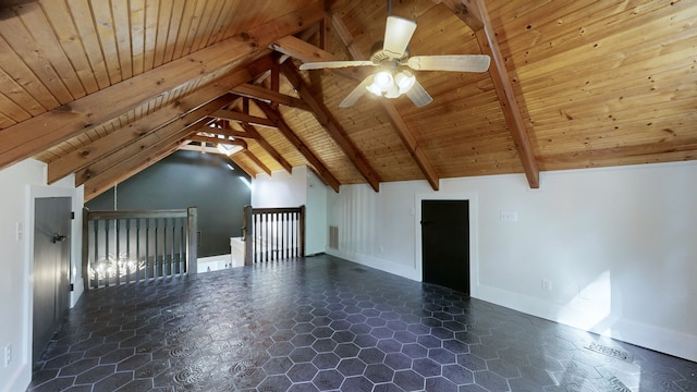 additional living space featuring ceiling fan, wood ceiling, and lofted ceiling with beams