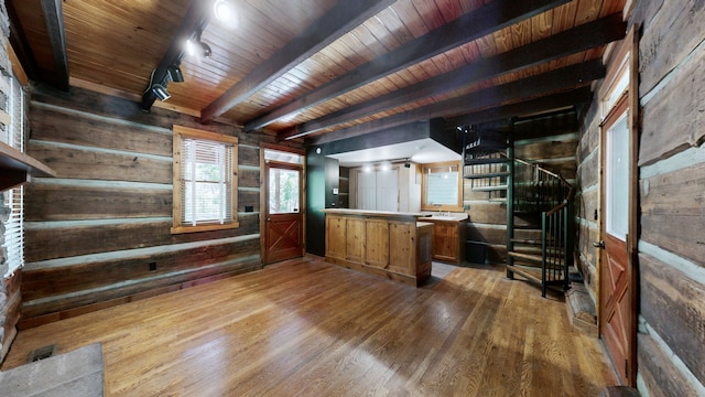 bar with wooden ceiling, light hardwood / wood-style floors, beamed ceiling, wood walls, and rail lighting