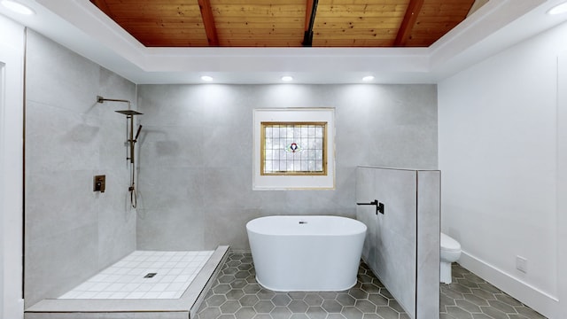 bathroom featuring wood ceiling, tile patterned floors, toilet, and independent shower and bath