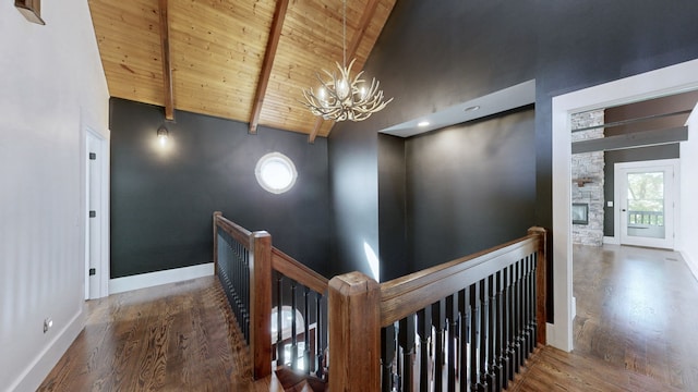 corridor featuring high vaulted ceiling, dark hardwood / wood-style flooring, wooden ceiling, and beam ceiling