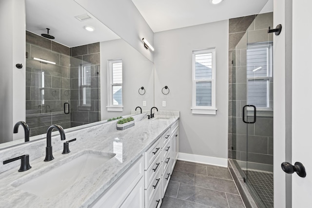 bathroom with vanity, plenty of natural light, and a shower with shower door