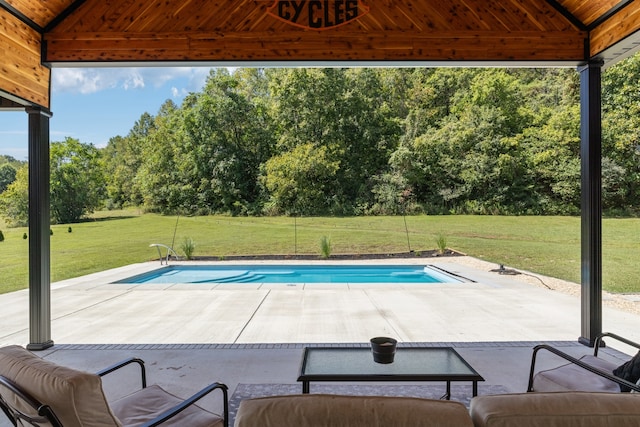 view of swimming pool with a gazebo, a yard, and a patio area