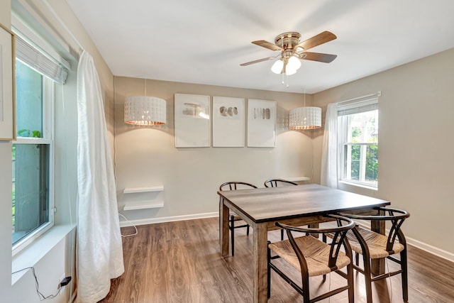 dining area with a ceiling fan, baseboards, and wood finished floors