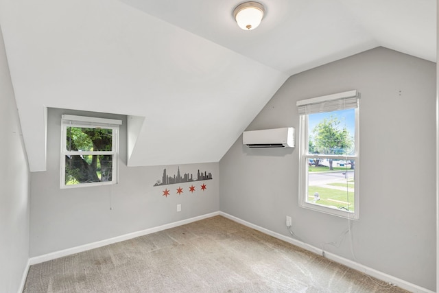 bonus room with light carpet, an AC wall unit, lofted ceiling, and a healthy amount of sunlight