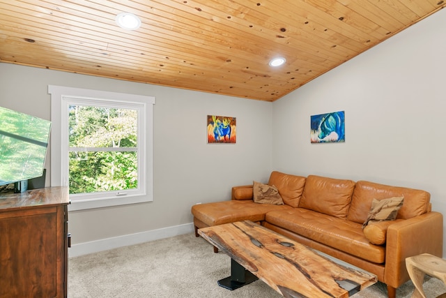 carpeted living room with wooden ceiling and vaulted ceiling