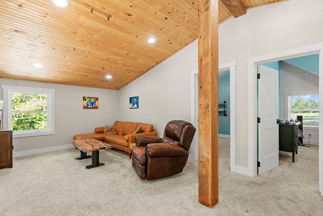 carpeted living room with beamed ceiling, wood ceiling, and high vaulted ceiling