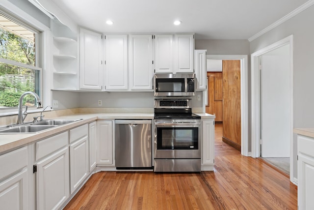 kitchen with white cabinetry, light hardwood / wood-style floors, stainless steel appliances, and sink