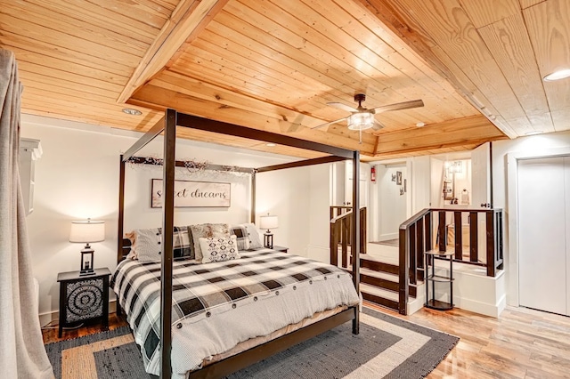 bedroom featuring wooden ceiling, ceiling fan, and light hardwood / wood-style flooring