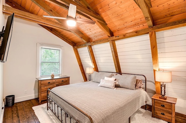 bedroom with vaulted ceiling with beams, wooden walls, wooden ceiling, dark hardwood / wood-style floors, and ceiling fan