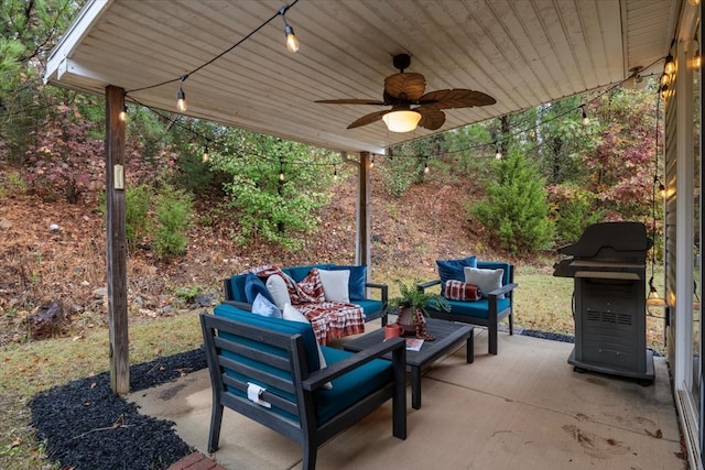 view of patio / terrace featuring ceiling fan, area for grilling, and an outdoor living space