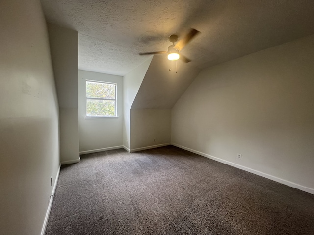 additional living space with ceiling fan, a textured ceiling, lofted ceiling, and carpet floors