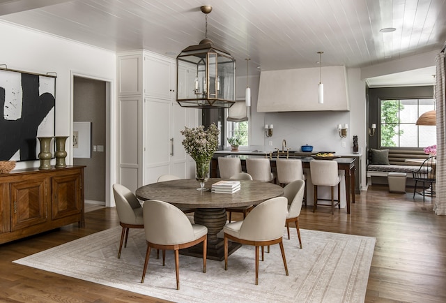 dining space with dark hardwood / wood-style floors, sink, and wood ceiling