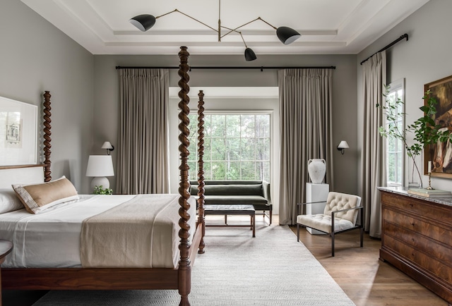 bedroom featuring a raised ceiling and light wood-type flooring