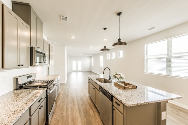 kitchen with a wealth of natural light, sink, light wood-type flooring, and appliances with stainless steel finishes