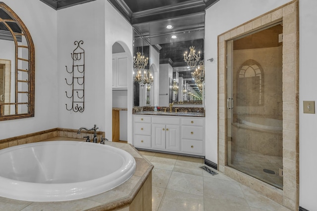 bathroom with vanity, shower with separate bathtub, tile patterned floors, and ornamental molding