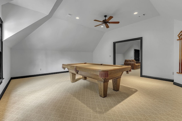 playroom featuring ceiling fan, light carpet, billiards, and lofted ceiling