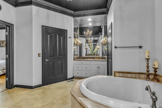 bathroom with ornamental molding, vanity, and a relaxing tiled tub