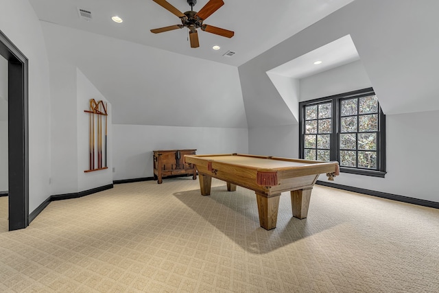 game room with pool table, vaulted ceiling, light carpet, and ceiling fan