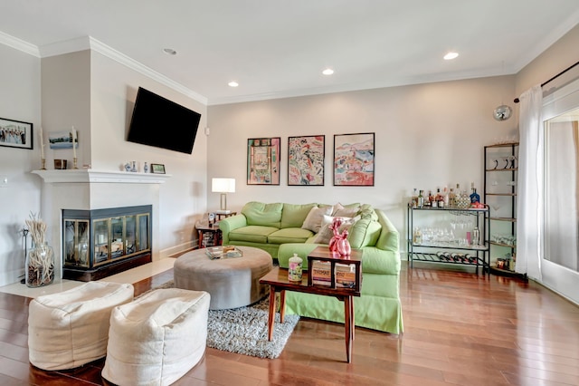 living room featuring wood-type flooring and crown molding