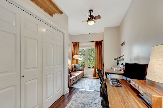 office space with dark wood-type flooring and ceiling fan