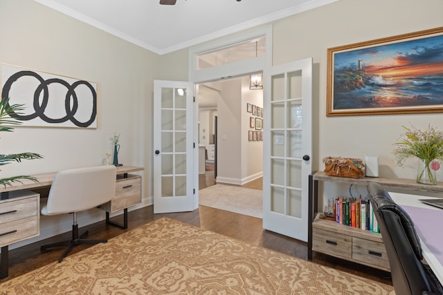 home office with french doors, built in desk, wood-type flooring, crown molding, and ceiling fan