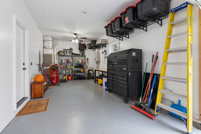 garage featuring ceiling fan