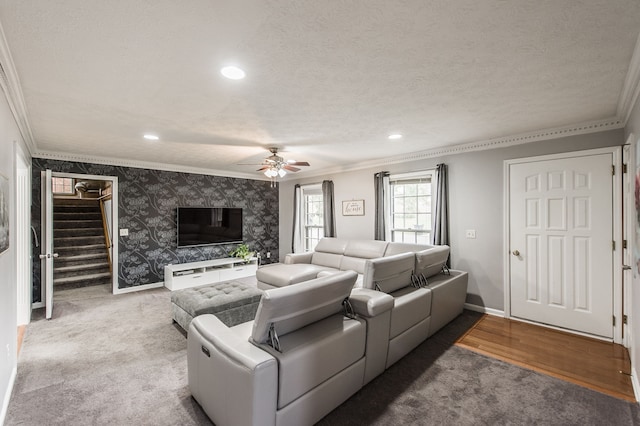 living room featuring a textured ceiling and ornamental molding