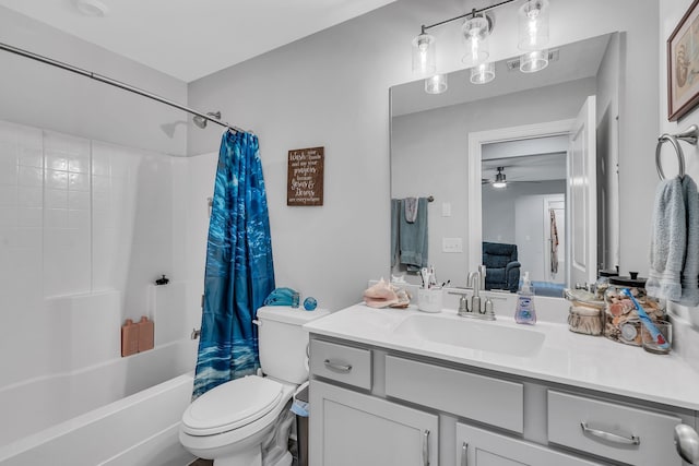 full bathroom with toilet, vanity, ceiling fan, and shower / bath combo with shower curtain