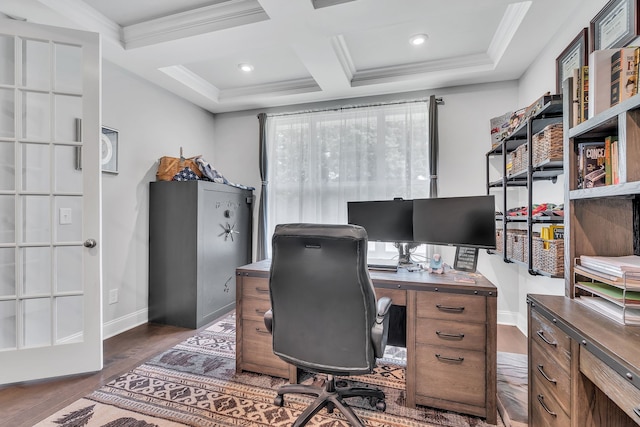 office area with dark hardwood / wood-style flooring, coffered ceiling, ornamental molding, and beamed ceiling