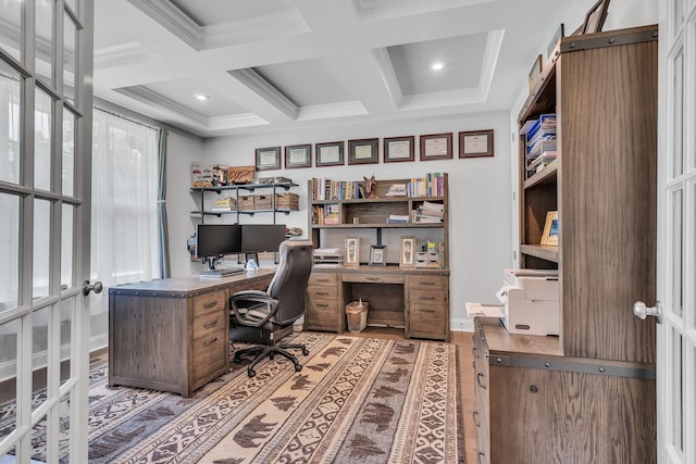 office space with beamed ceiling, ornamental molding, wood-type flooring, coffered ceiling, and french doors