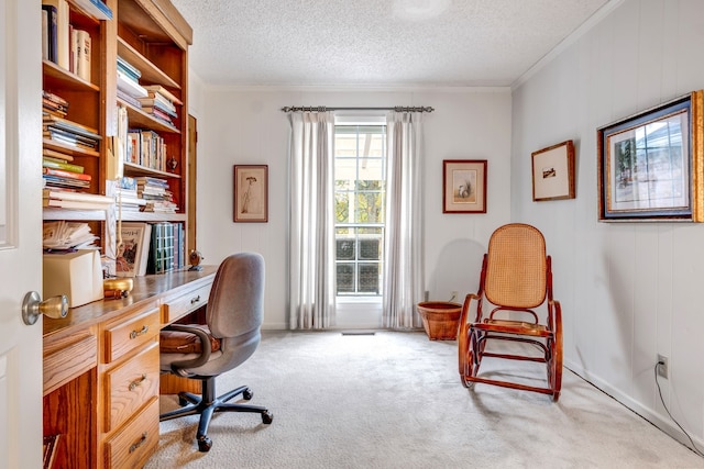 carpeted office with ornamental molding and a textured ceiling