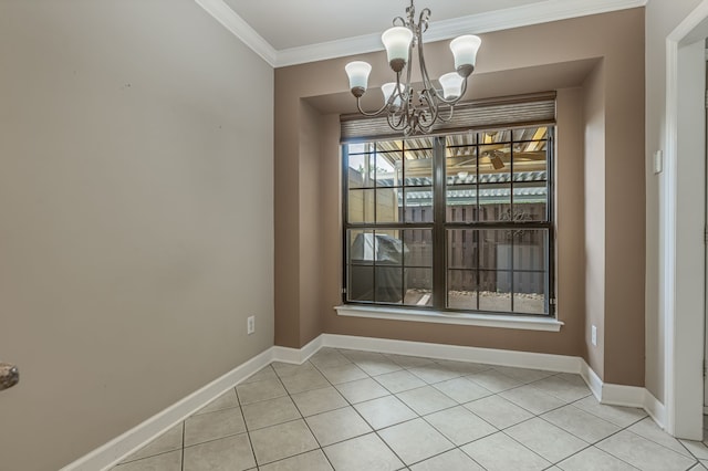 unfurnished dining area featuring plenty of natural light, a chandelier, crown molding, and light tile patterned floors