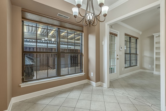 unfurnished dining area with light tile patterned flooring, a notable chandelier, and ornamental molding