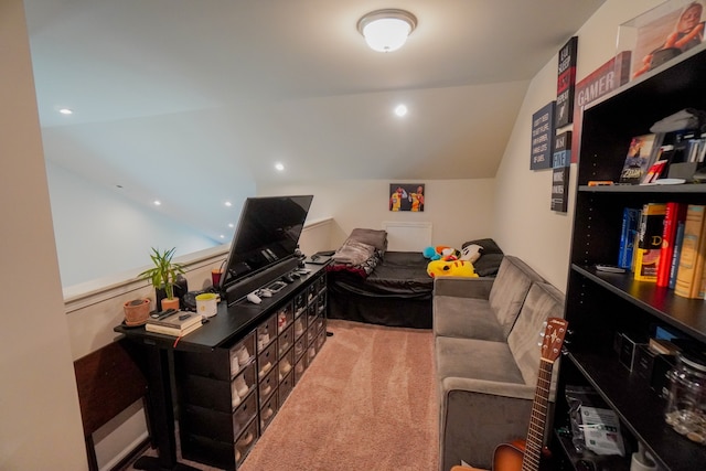 carpeted office space with lofted ceiling