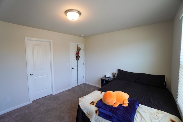 bedroom featuring a closet and dark carpet