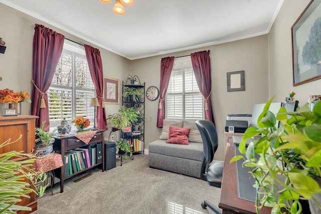 carpeted office space with ornamental molding