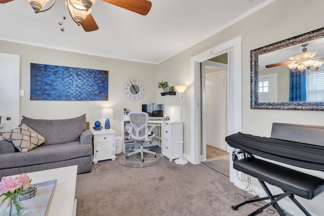 home office featuring ceiling fan, carpet, and ornamental molding