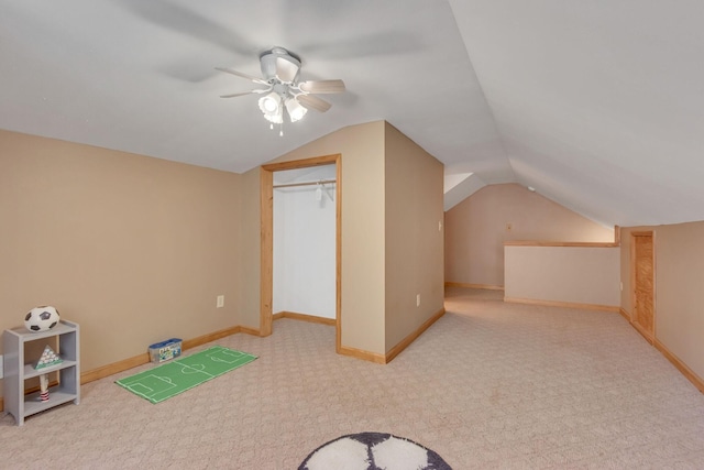 187 Th Hooper Ln, Mc Ewen, TN 37101 - additional living space with vaulted ceiling, baseboards, carpet floors, and ceiling fan