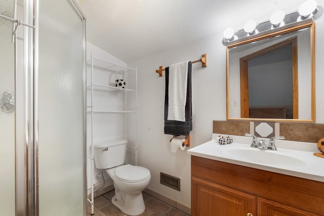 bathroom featuring a shower with door, tile patterned flooring, vanity, lofted ceiling, and toilet