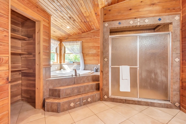 bathroom with shower with separate bathtub, lofted ceiling, tile patterned floors, wood ceiling, and wooden walls