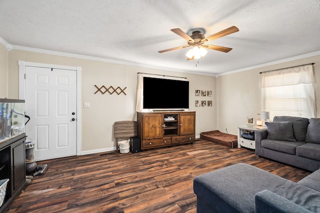 living room with ceiling fan, a textured ceiling, dark hardwood / wood-style floors, and crown molding