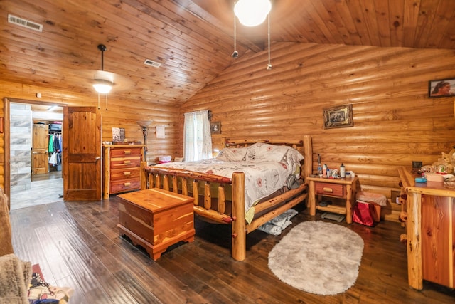 bedroom with dark hardwood / wood-style flooring, high vaulted ceiling, wooden ceiling, and log walls