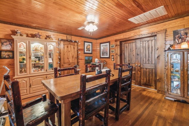 dining area with wooden ceiling, ceiling fan, wooden walls, and dark hardwood / wood-style flooring