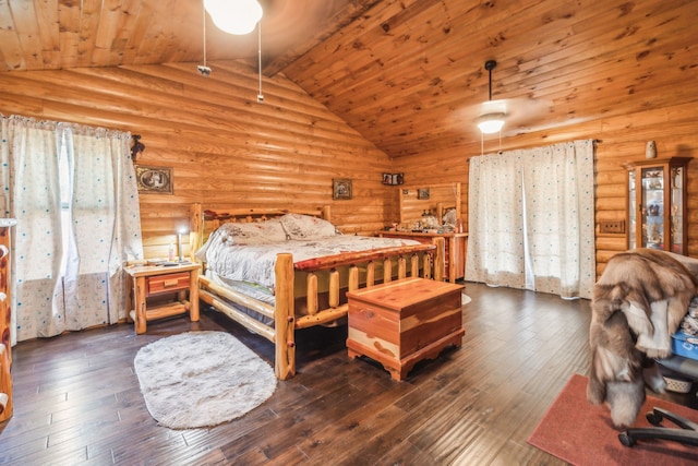 bedroom featuring dark hardwood / wood-style flooring, lofted ceiling, wooden ceiling, and rustic walls