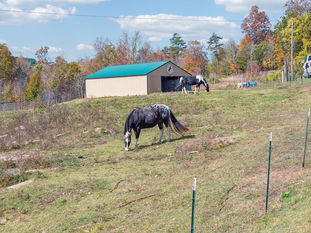 view of yard featuring an outdoor structure and a rural view