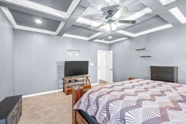 carpeted bedroom featuring beamed ceiling, crown molding, ceiling fan, and coffered ceiling