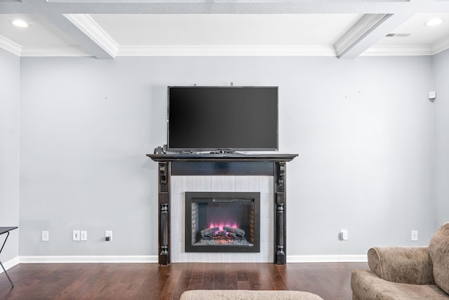 living room with hardwood / wood-style flooring, ornamental molding, beamed ceiling, and coffered ceiling