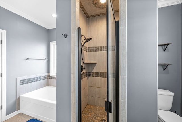 bathroom featuring separate shower and tub, crown molding, and toilet